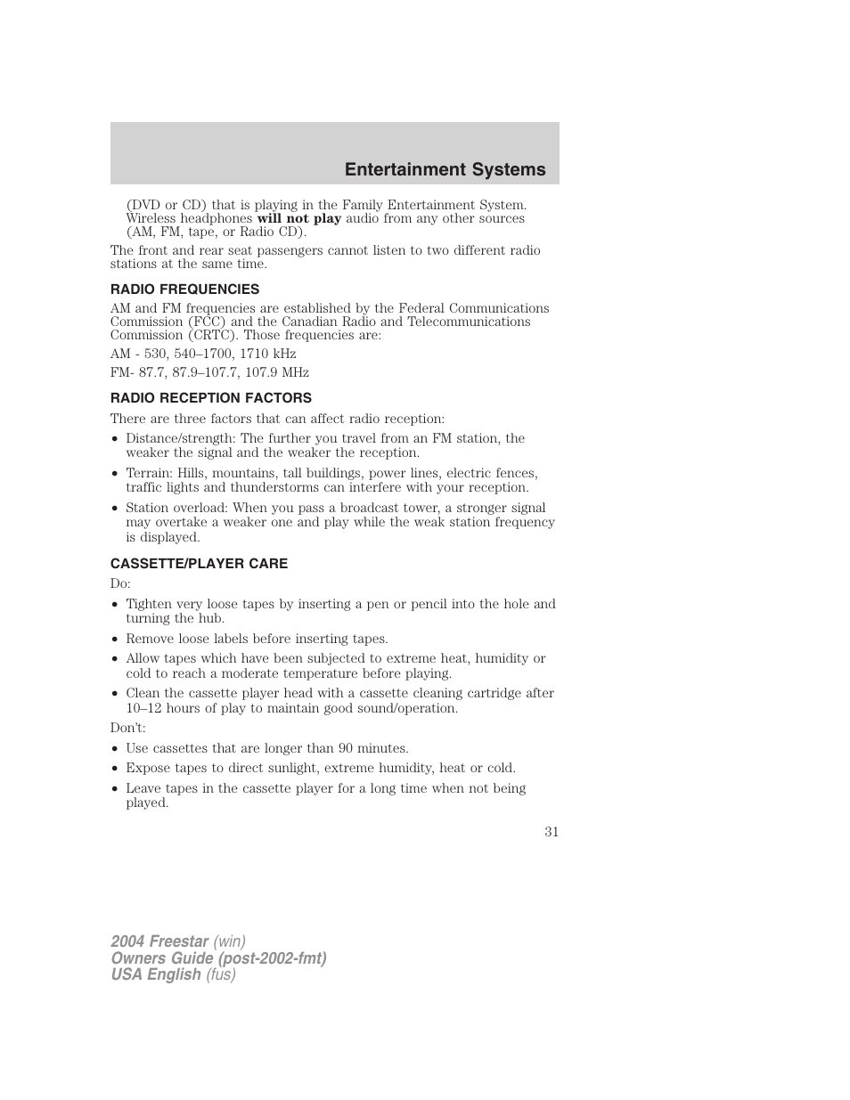 Entertainment systems | FORD 2004 Freestar v.3 User Manual | Page 31 / 296