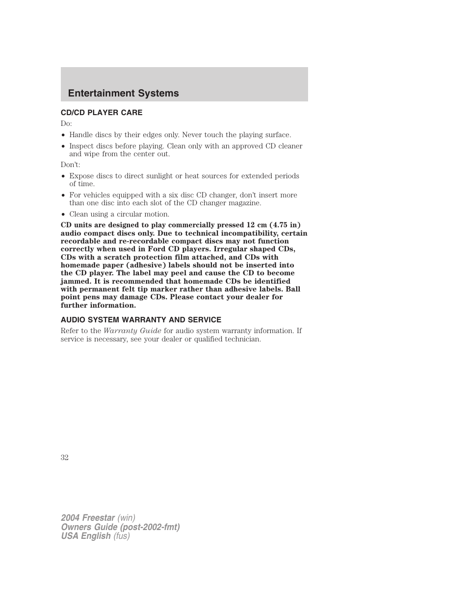 Entertainment systems | FORD 2004 Freestar v.3 User Manual | Page 32 / 296