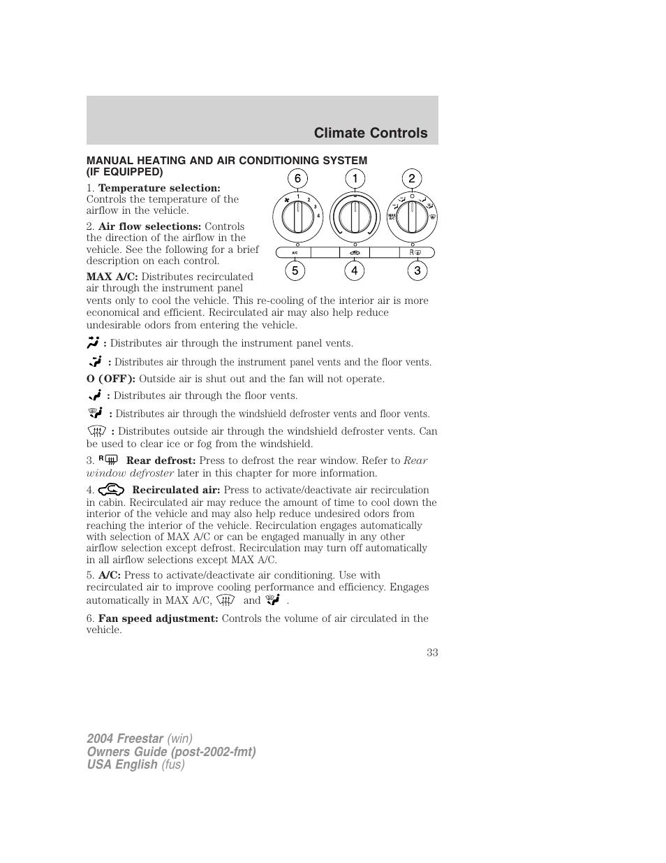 Climate controls | FORD 2004 Freestar v.3 User Manual | Page 33 / 296