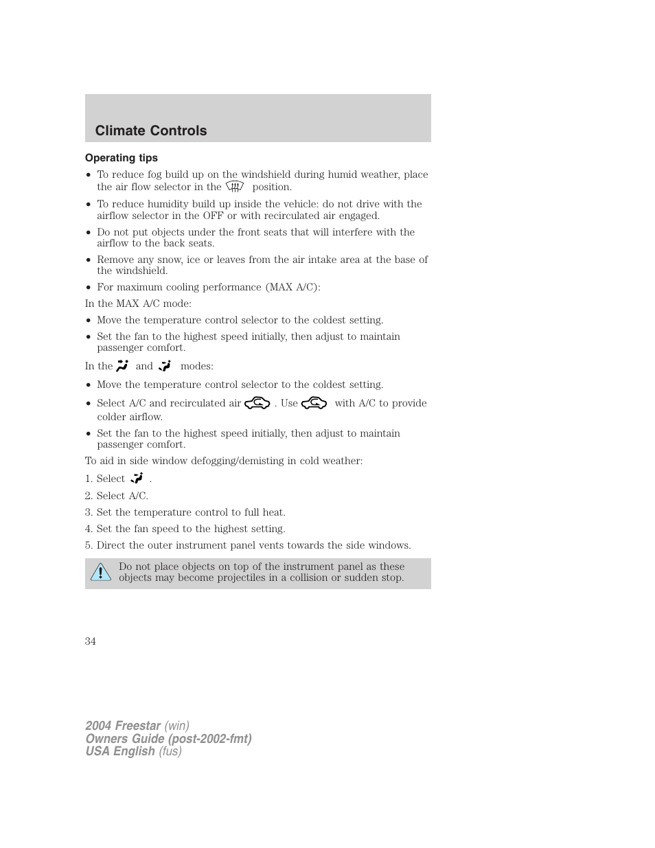 Climate controls | FORD 2004 Freestar v.3 User Manual | Page 34 / 296