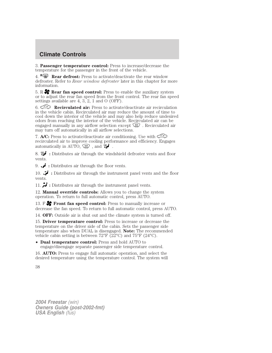 Climate controls | FORD 2004 Freestar v.3 User Manual | Page 38 / 296