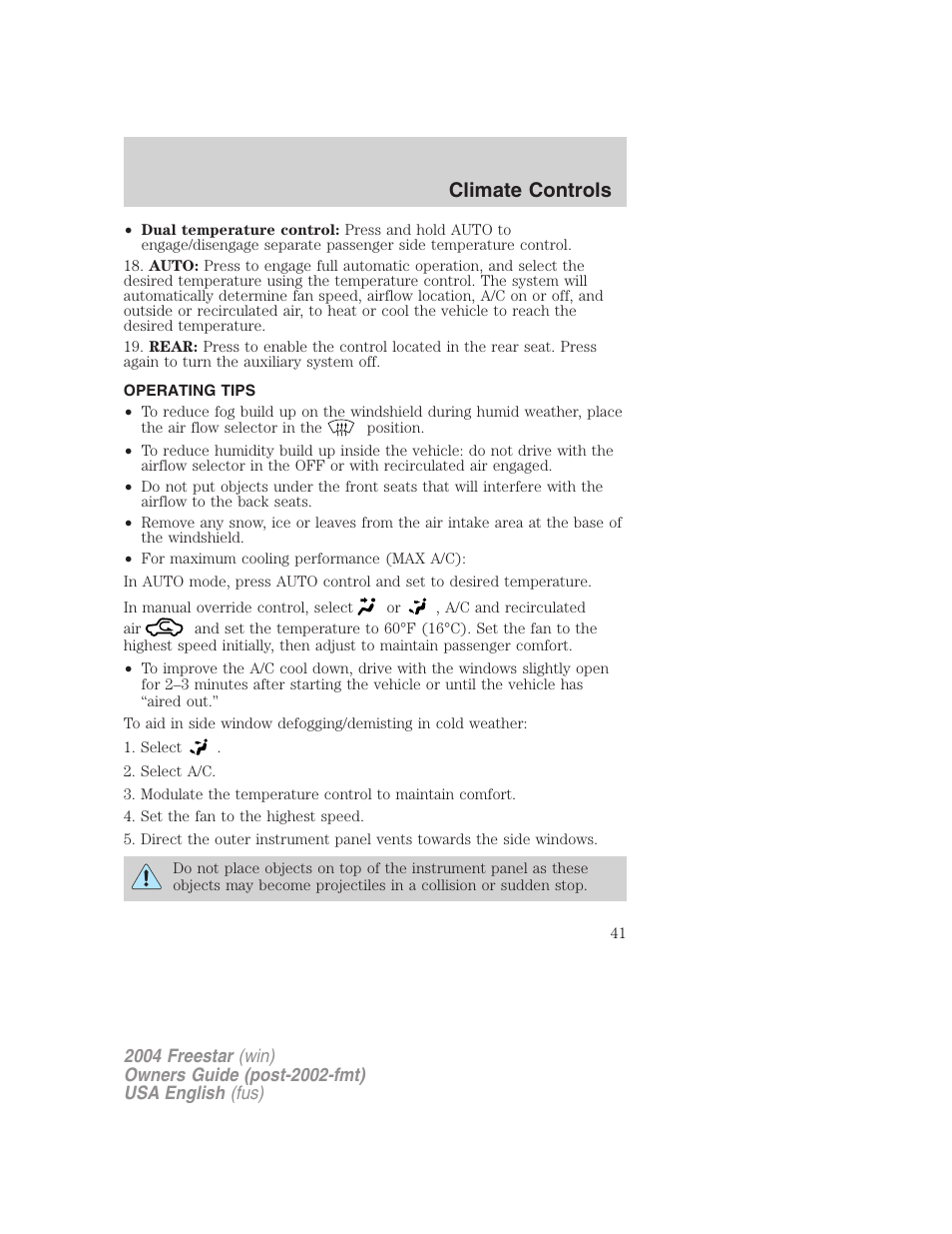 Climate controls | FORD 2004 Freestar v.3 User Manual | Page 41 / 296