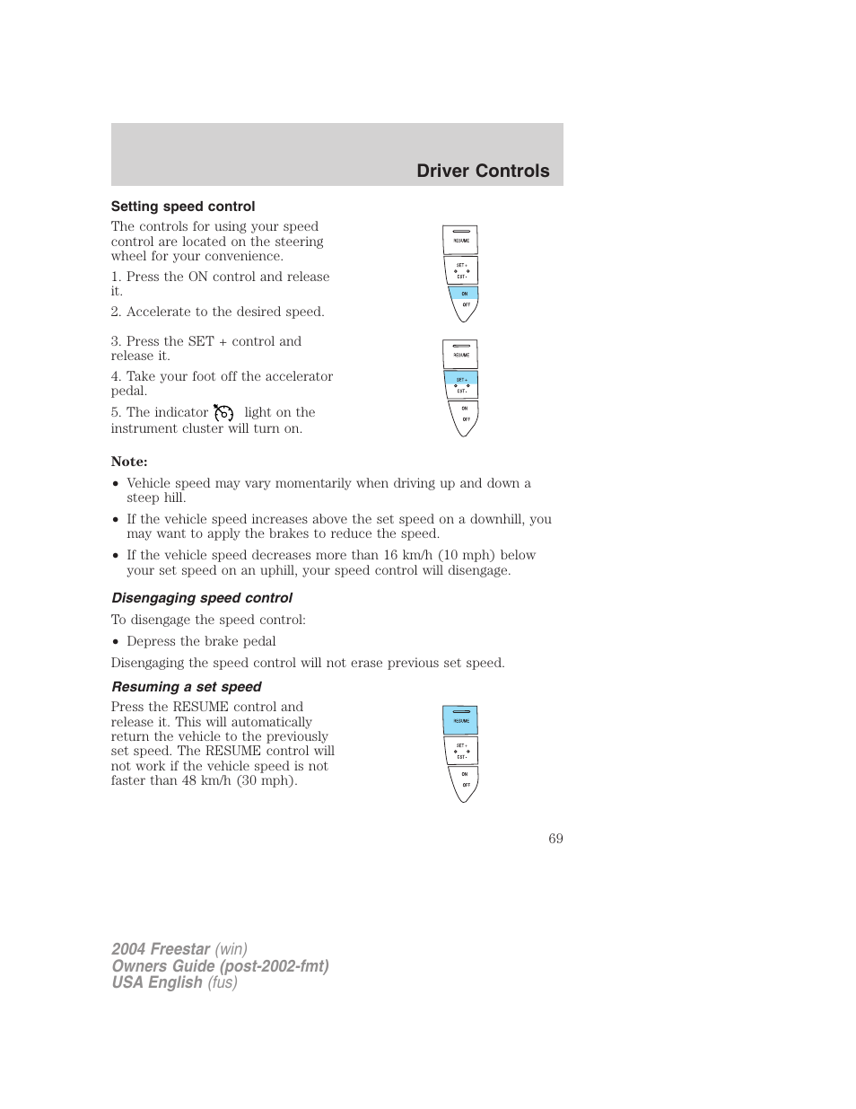 Driver controls | FORD 2004 Freestar v.3 User Manual | Page 69 / 296