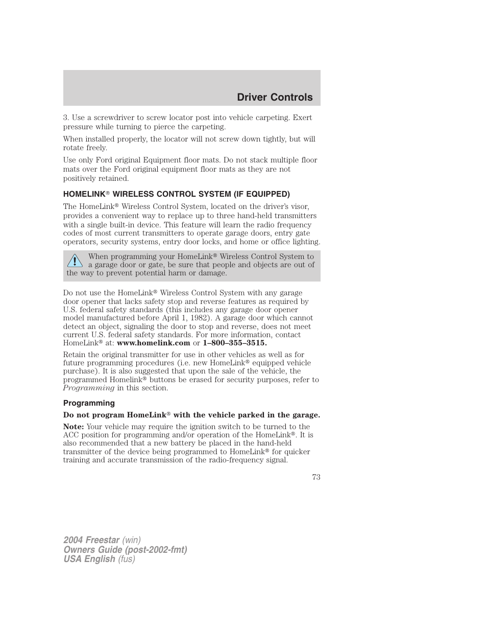 Driver controls | FORD 2004 Freestar v.3 User Manual | Page 73 / 296