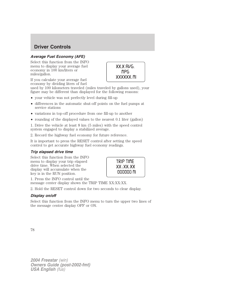 Driver controls | FORD 2004 Freestar v.3 User Manual | Page 78 / 296