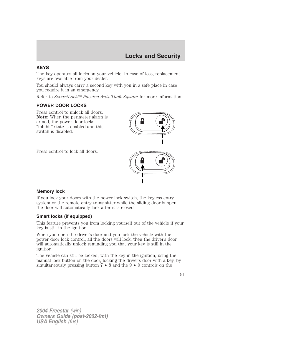 Locks and security | FORD 2004 Freestar v.3 User Manual | Page 91 / 296