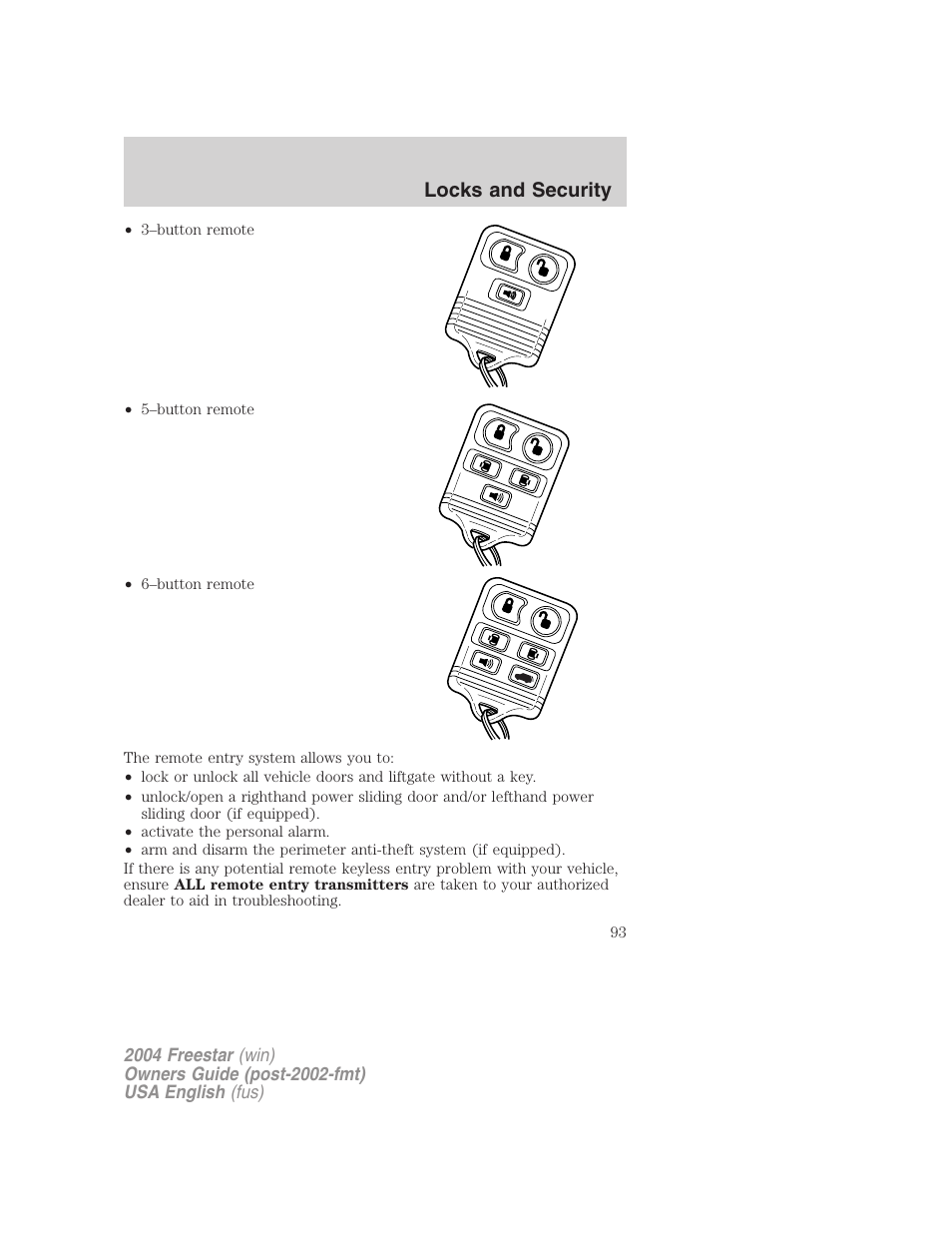 Locks and security | FORD 2004 Freestar v.3 User Manual | Page 93 / 296