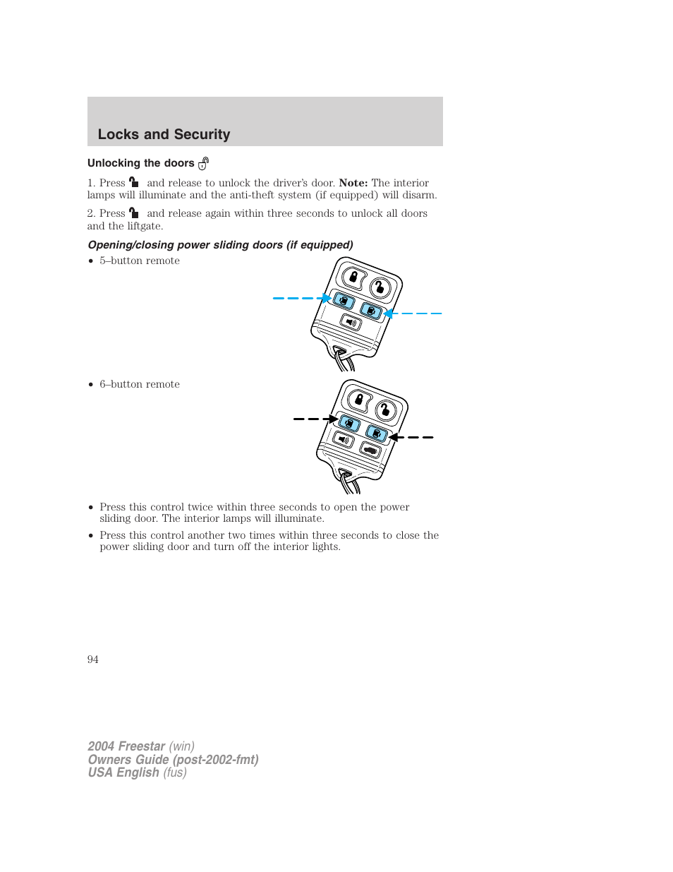 Locks and security | FORD 2004 Freestar v.3 User Manual | Page 94 / 296