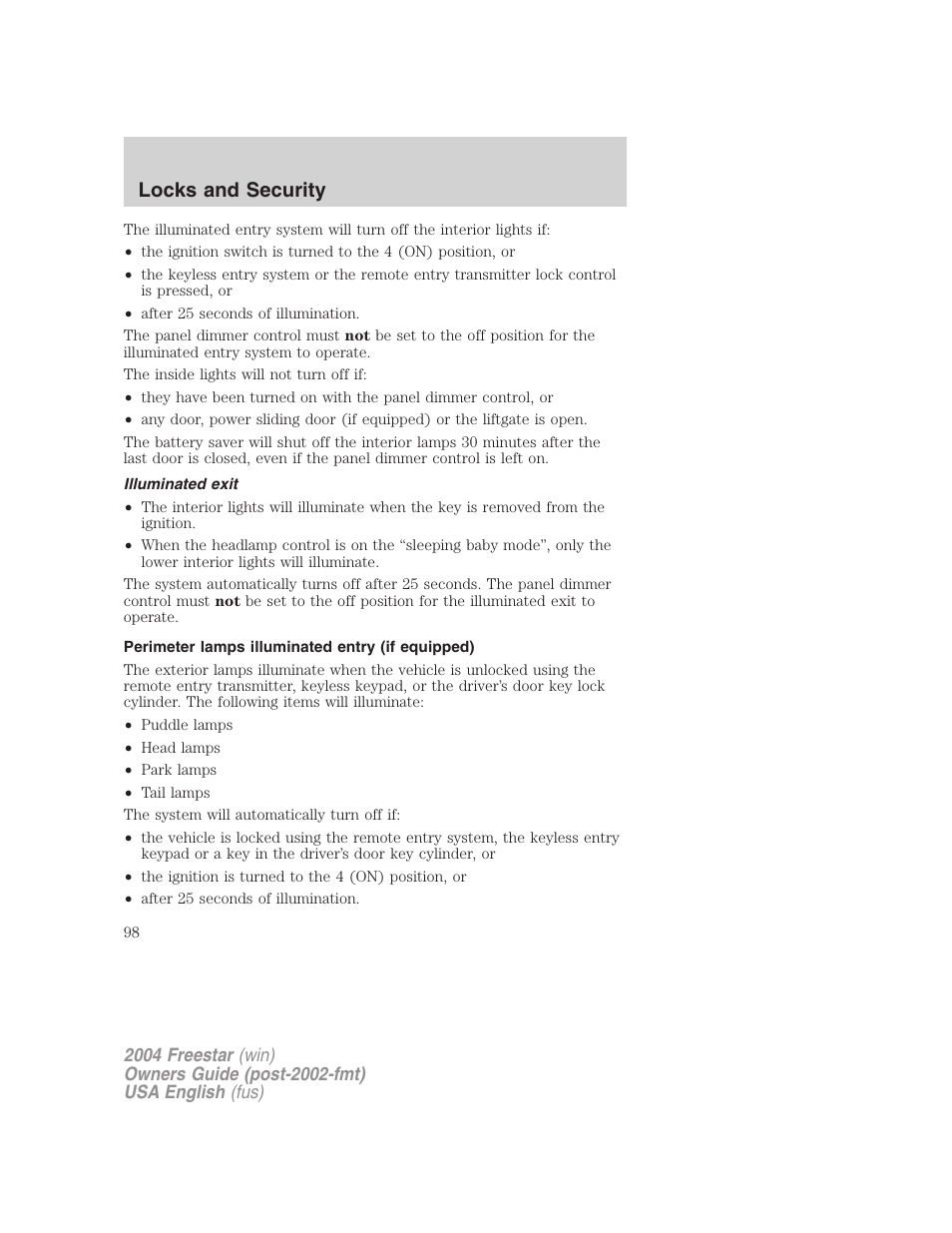 Locks and security | FORD 2004 Freestar v.3 User Manual | Page 98 / 296