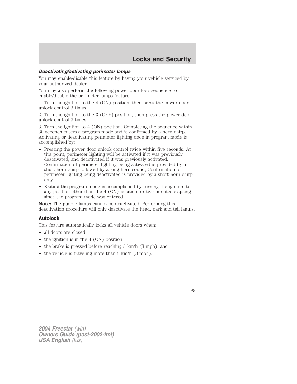 Locks and security | FORD 2004 Freestar v.3 User Manual | Page 99 / 296