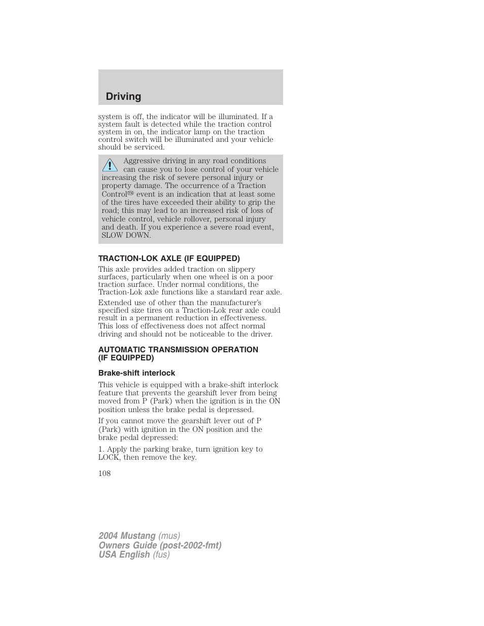 Driving | FORD 2004 Mustang v.1 User Manual | Page 108 / 240