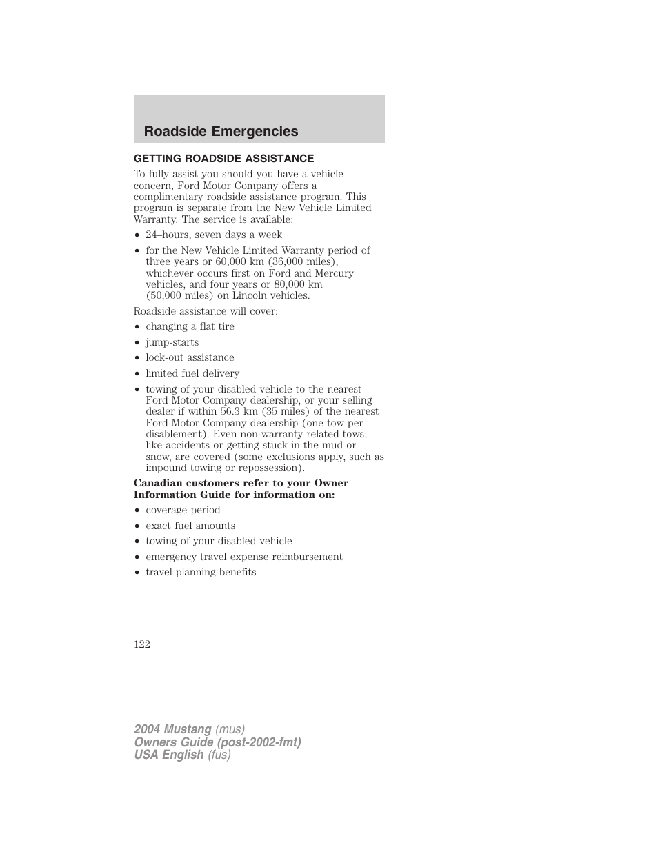 Roadside emergencies | FORD 2004 Mustang v.1 User Manual | Page 122 / 240