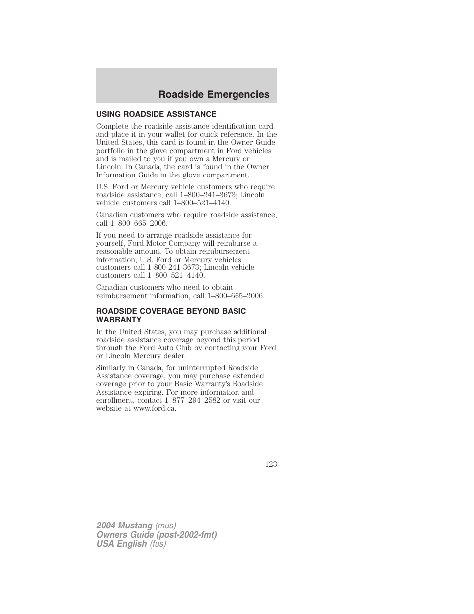 Roadside emergencies | FORD 2004 Mustang v.1 User Manual | Page 123 / 240