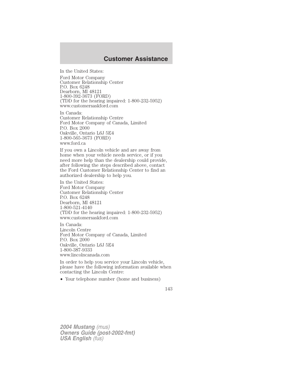 Customer assistance | FORD 2004 Mustang v.1 User Manual | Page 143 / 240