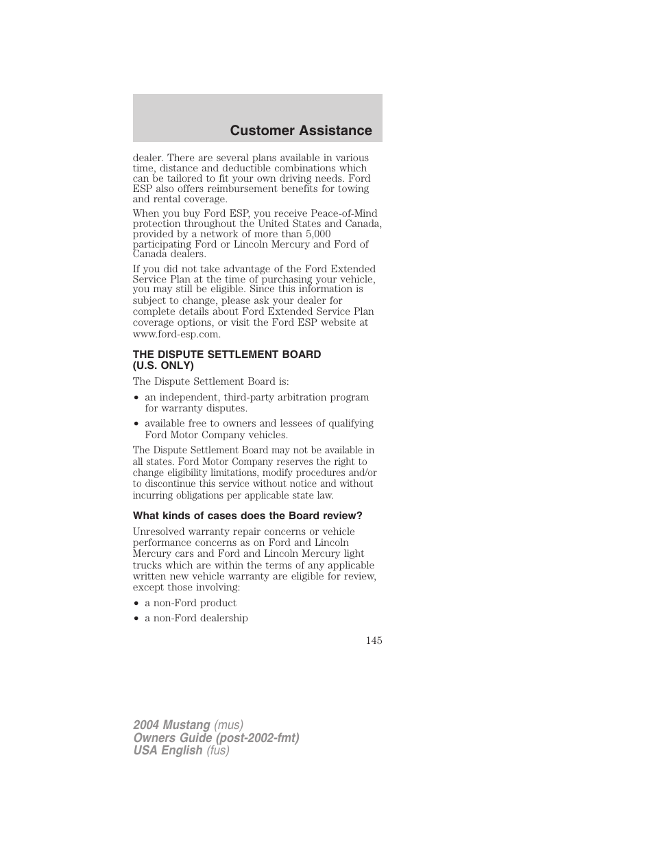 Customer assistance | FORD 2004 Mustang v.1 User Manual | Page 145 / 240