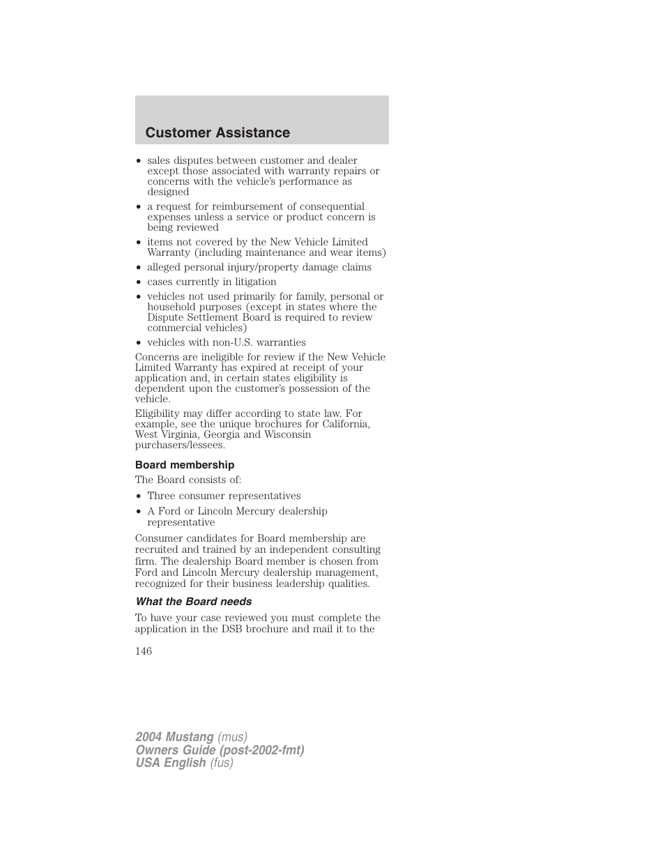 Customer assistance | FORD 2004 Mustang v.1 User Manual | Page 146 / 240