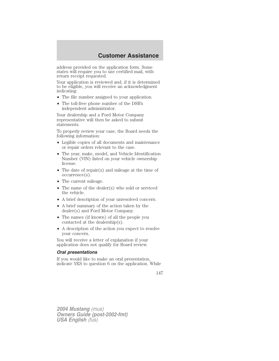 Customer assistance | FORD 2004 Mustang v.1 User Manual | Page 147 / 240