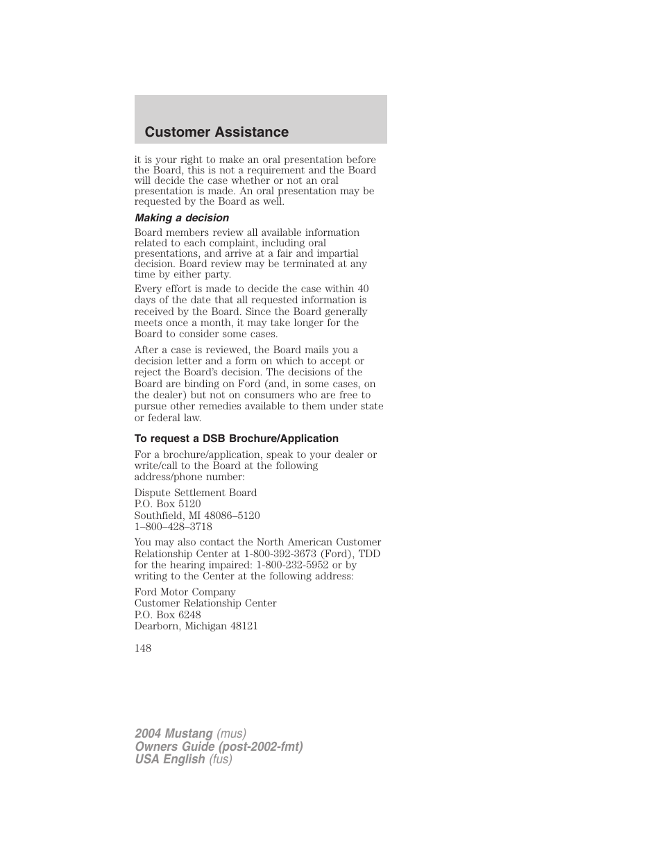 Customer assistance | FORD 2004 Mustang v.1 User Manual | Page 148 / 240