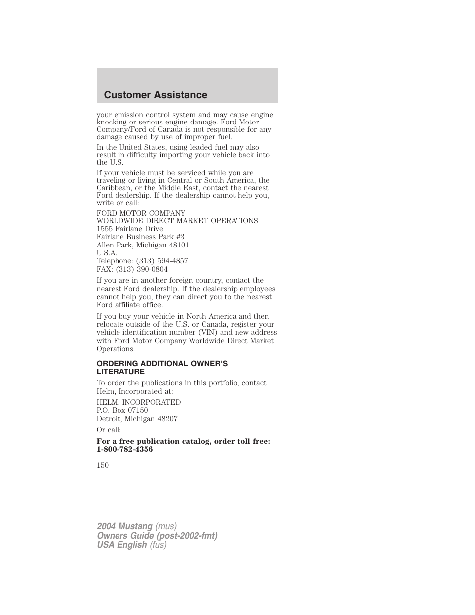 Customer assistance | FORD 2004 Mustang v.1 User Manual | Page 150 / 240