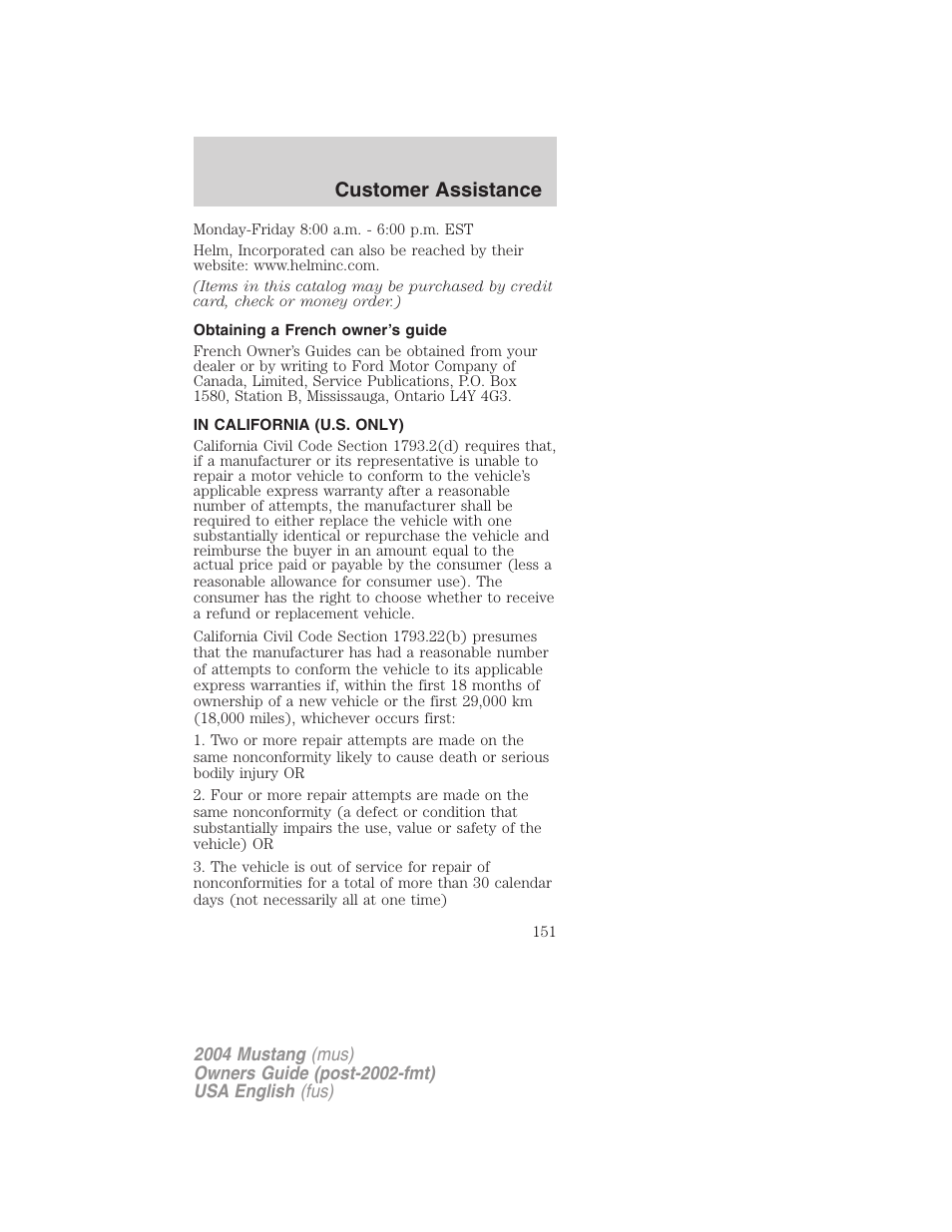 Customer assistance | FORD 2004 Mustang v.1 User Manual | Page 151 / 240