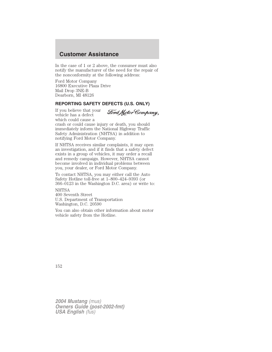 Customer assistance | FORD 2004 Mustang v.1 User Manual | Page 152 / 240