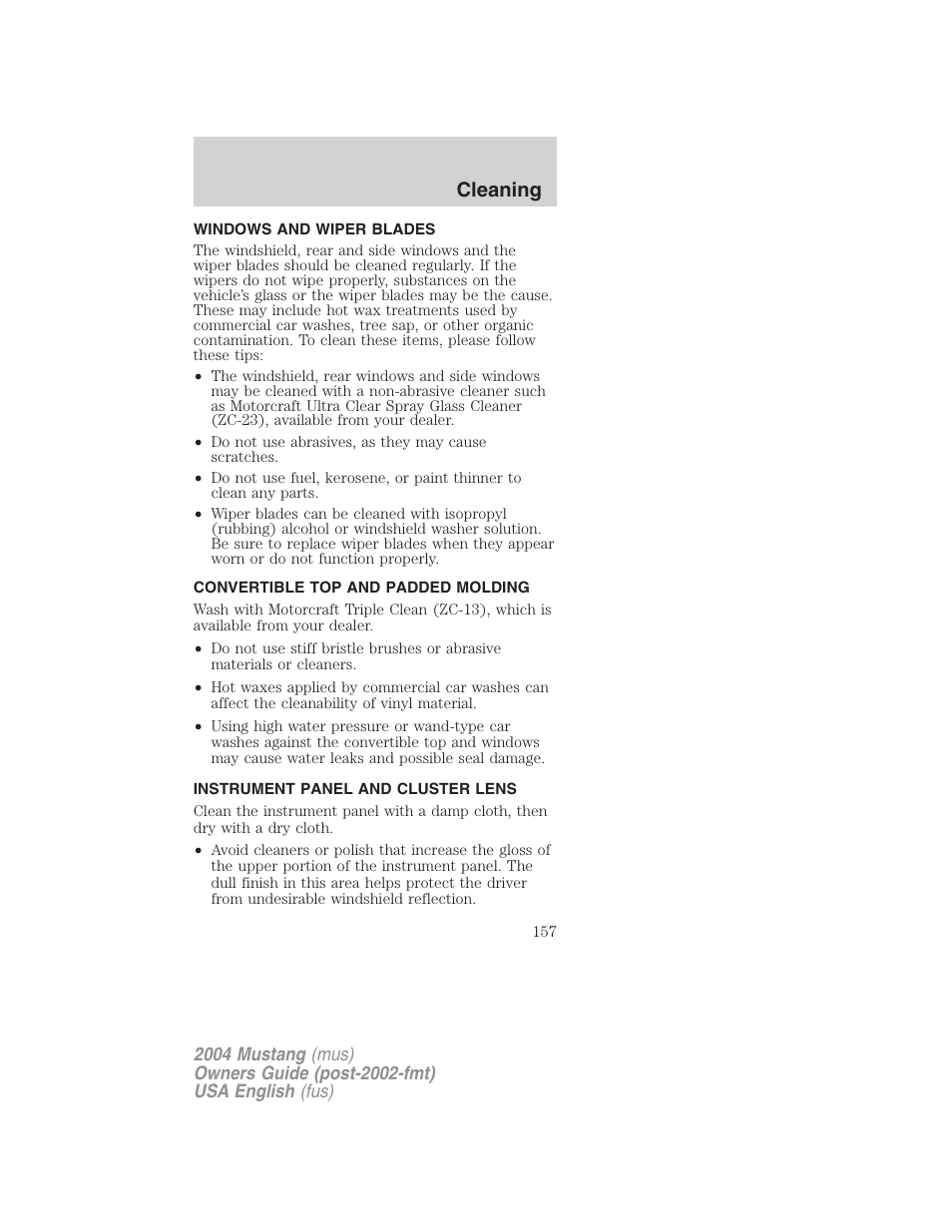 Cleaning | FORD 2004 Mustang v.1 User Manual | Page 157 / 240