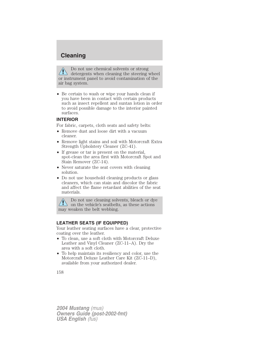 Cleaning | FORD 2004 Mustang v.1 User Manual | Page 158 / 240