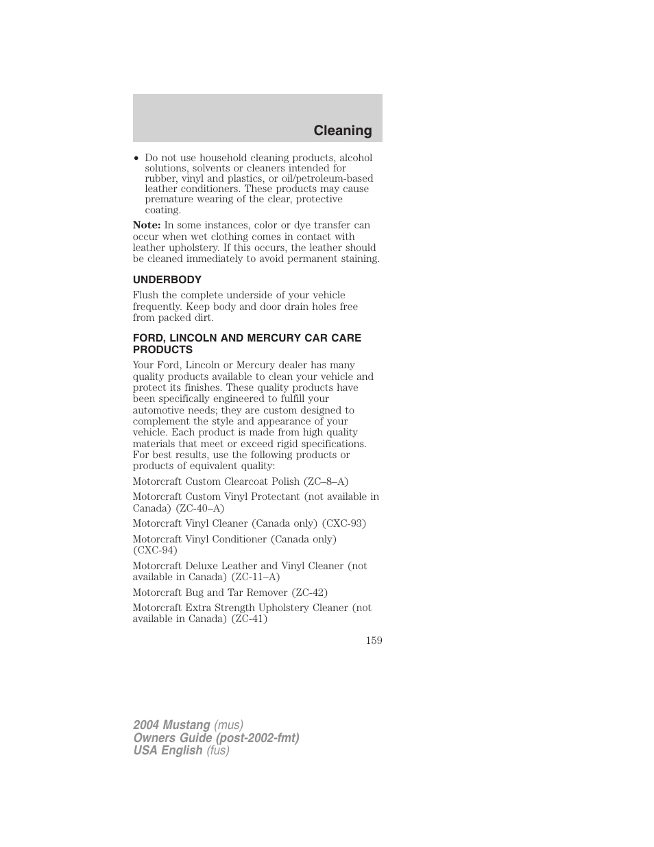 Cleaning | FORD 2004 Mustang v.1 User Manual | Page 159 / 240