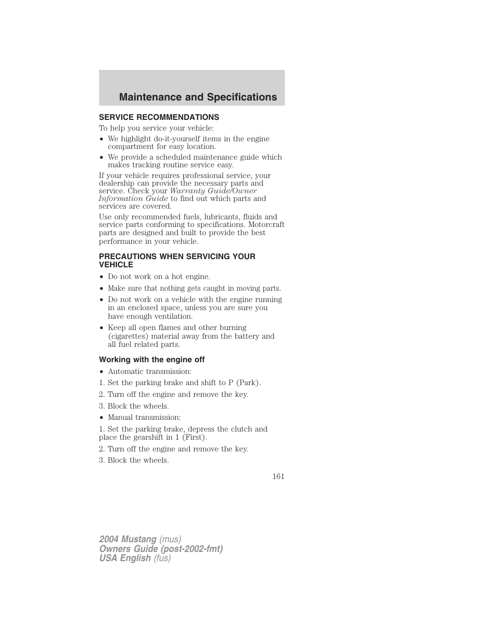 Maintenance and specifications | FORD 2004 Mustang v.1 User Manual | Page 161 / 240