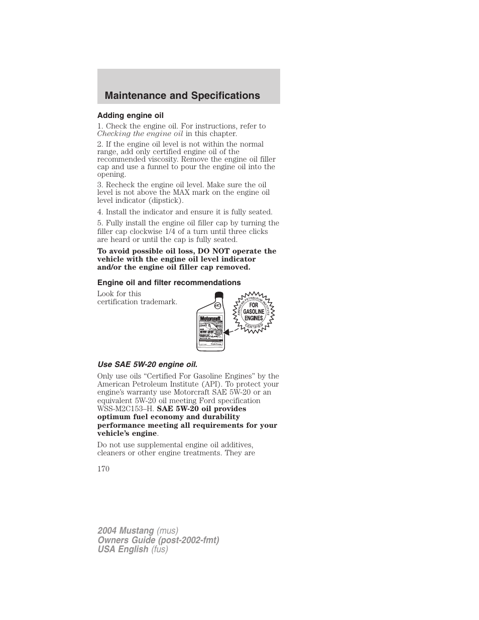 Maintenance and specifications | FORD 2004 Mustang v.1 User Manual | Page 170 / 240