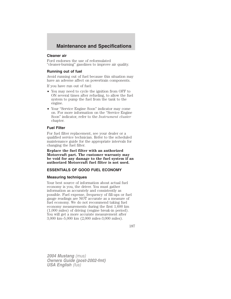 Maintenance and specifications | FORD 2004 Mustang v.1 User Manual | Page 187 / 240