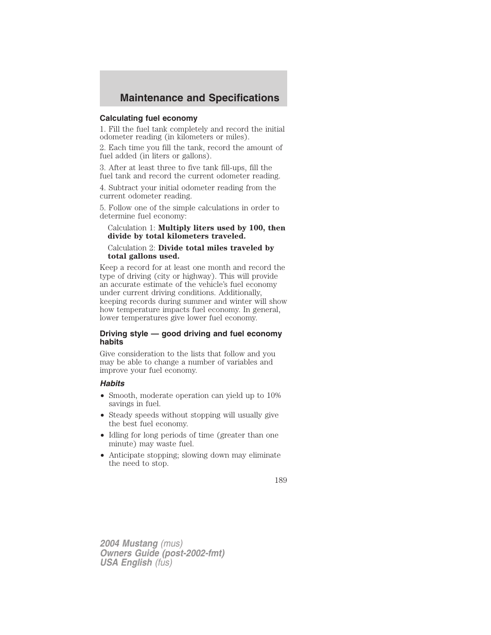 Maintenance and specifications | FORD 2004 Mustang v.1 User Manual | Page 189 / 240