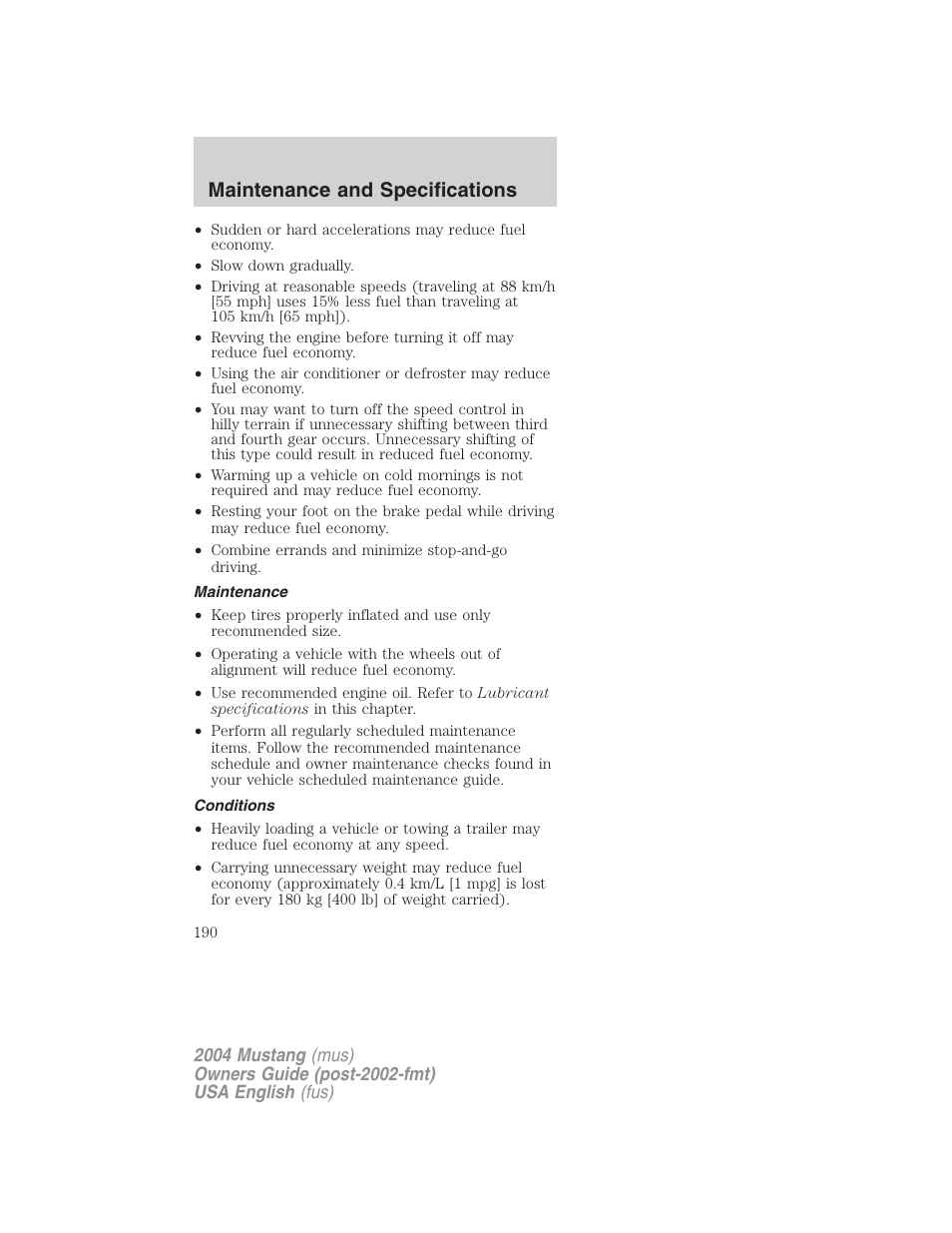 Maintenance and specifications | FORD 2004 Mustang v.1 User Manual | Page 190 / 240