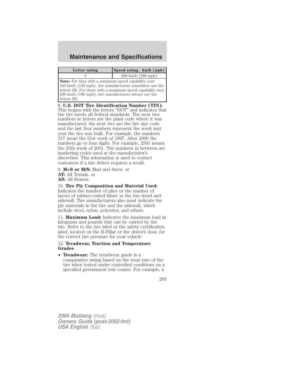Maintenance and specifications | FORD 2004 Mustang v.1 User Manual | Page 205 / 240