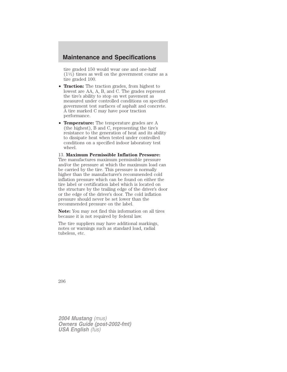 Maintenance and specifications | FORD 2004 Mustang v.1 User Manual | Page 206 / 240