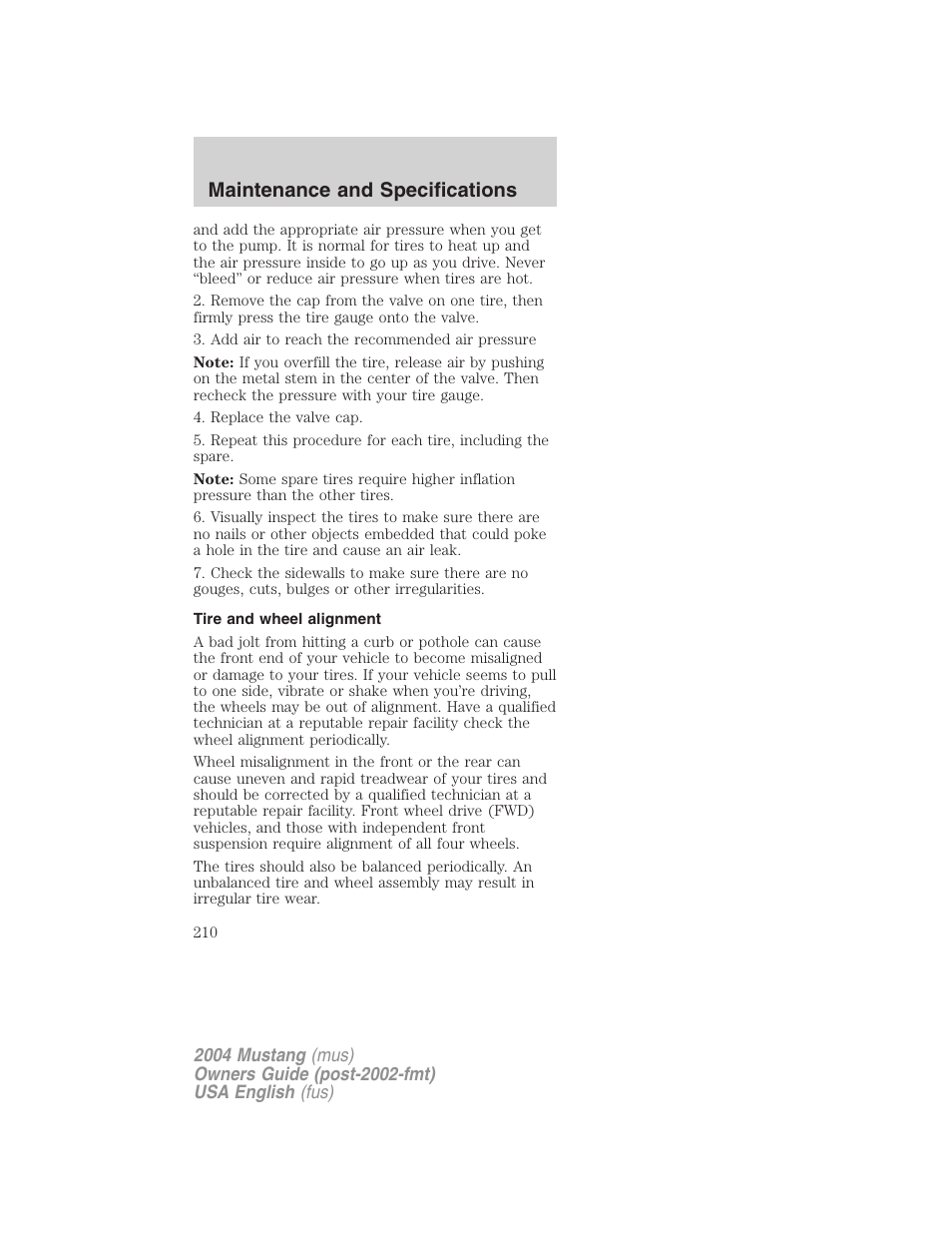 Maintenance and specifications | FORD 2004 Mustang v.1 User Manual | Page 210 / 240