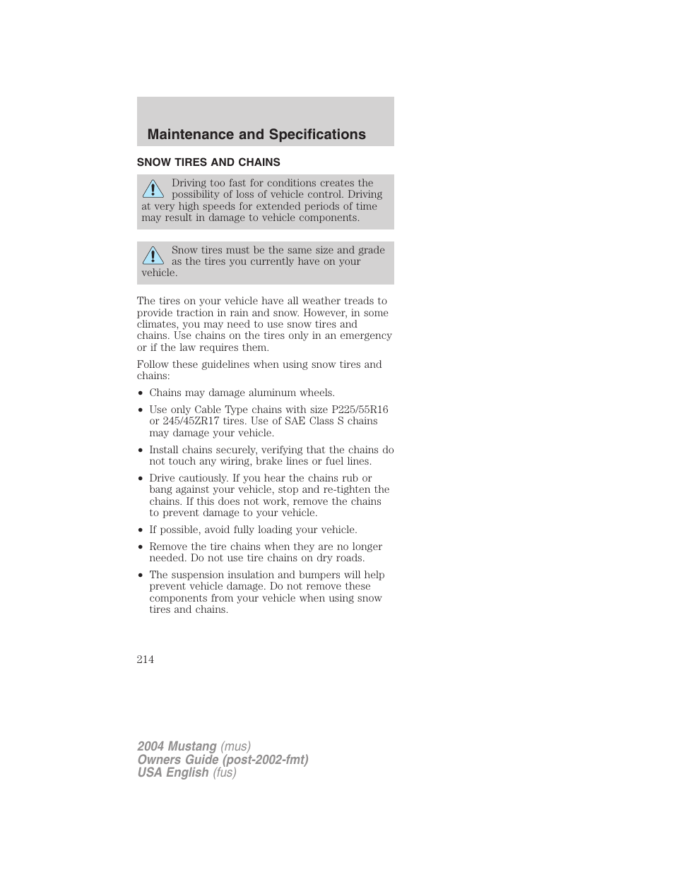 Maintenance and specifications | FORD 2004 Mustang v.1 User Manual | Page 214 / 240