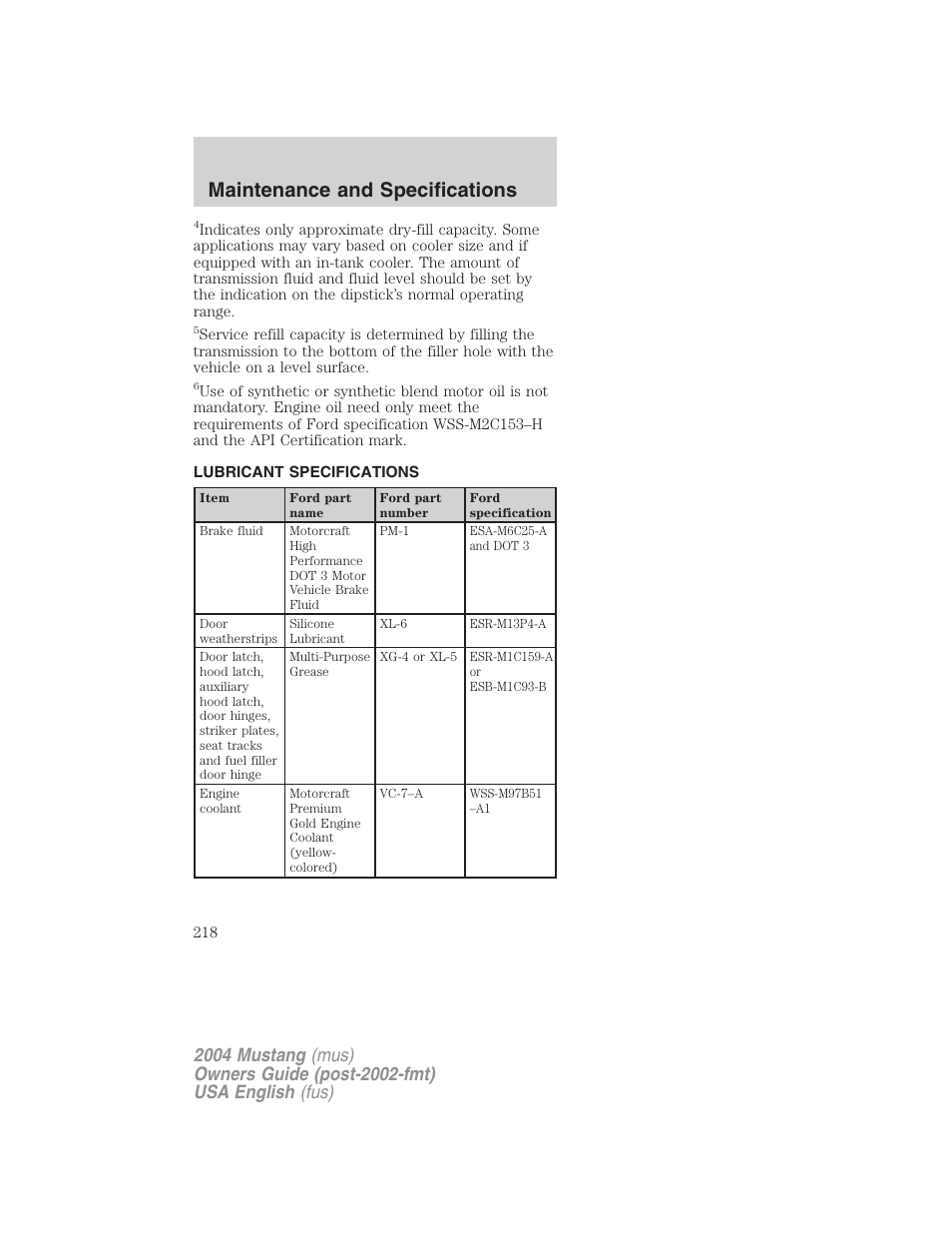 Maintenance and specifications | FORD 2004 Mustang v.1 User Manual | Page 218 / 240