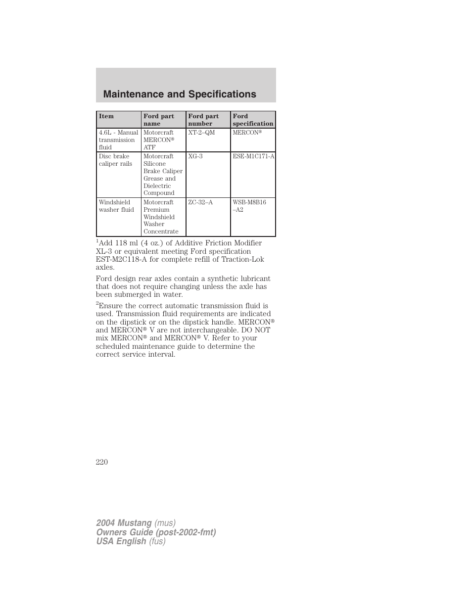 Maintenance and specifications | FORD 2004 Mustang v.1 User Manual | Page 220 / 240