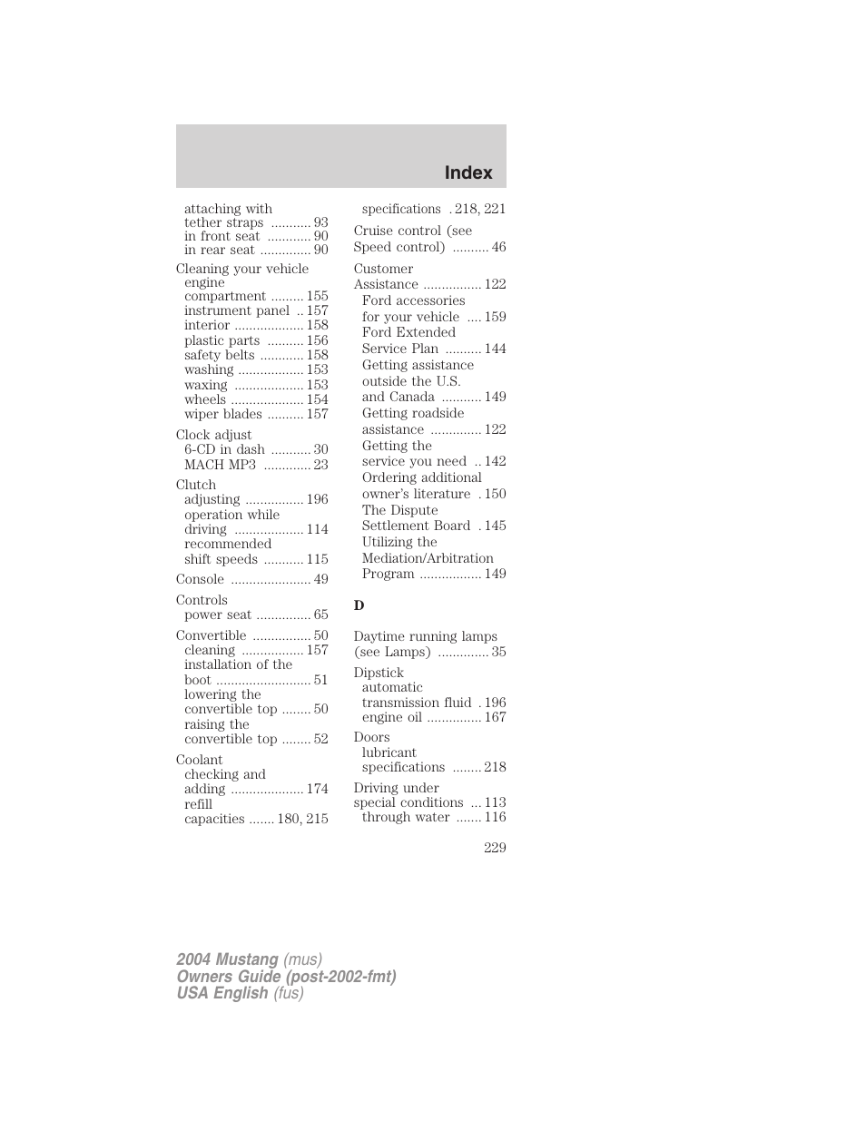 Index | FORD 2004 Mustang v.1 User Manual | Page 229 / 240
