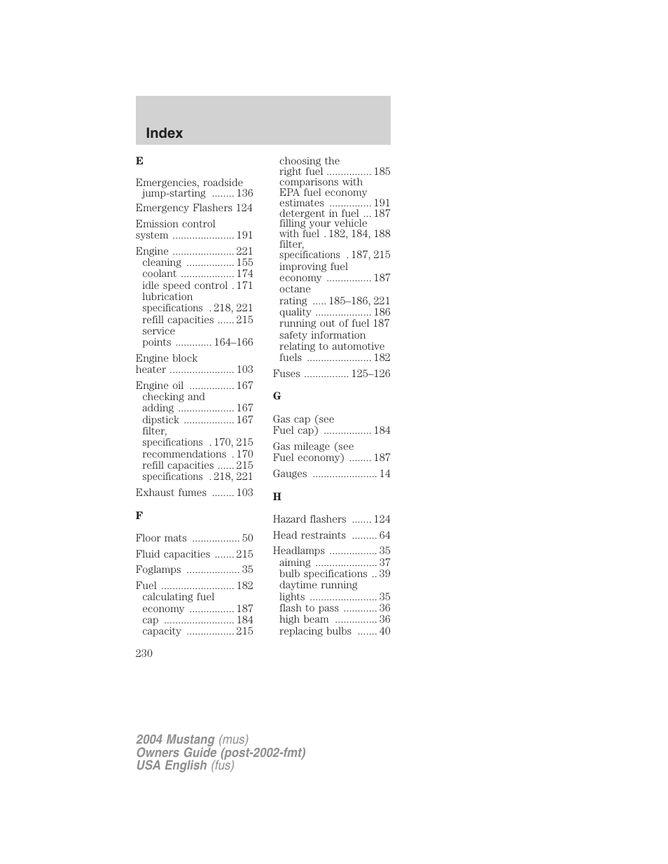 Index | FORD 2004 Mustang v.1 User Manual | Page 230 / 240