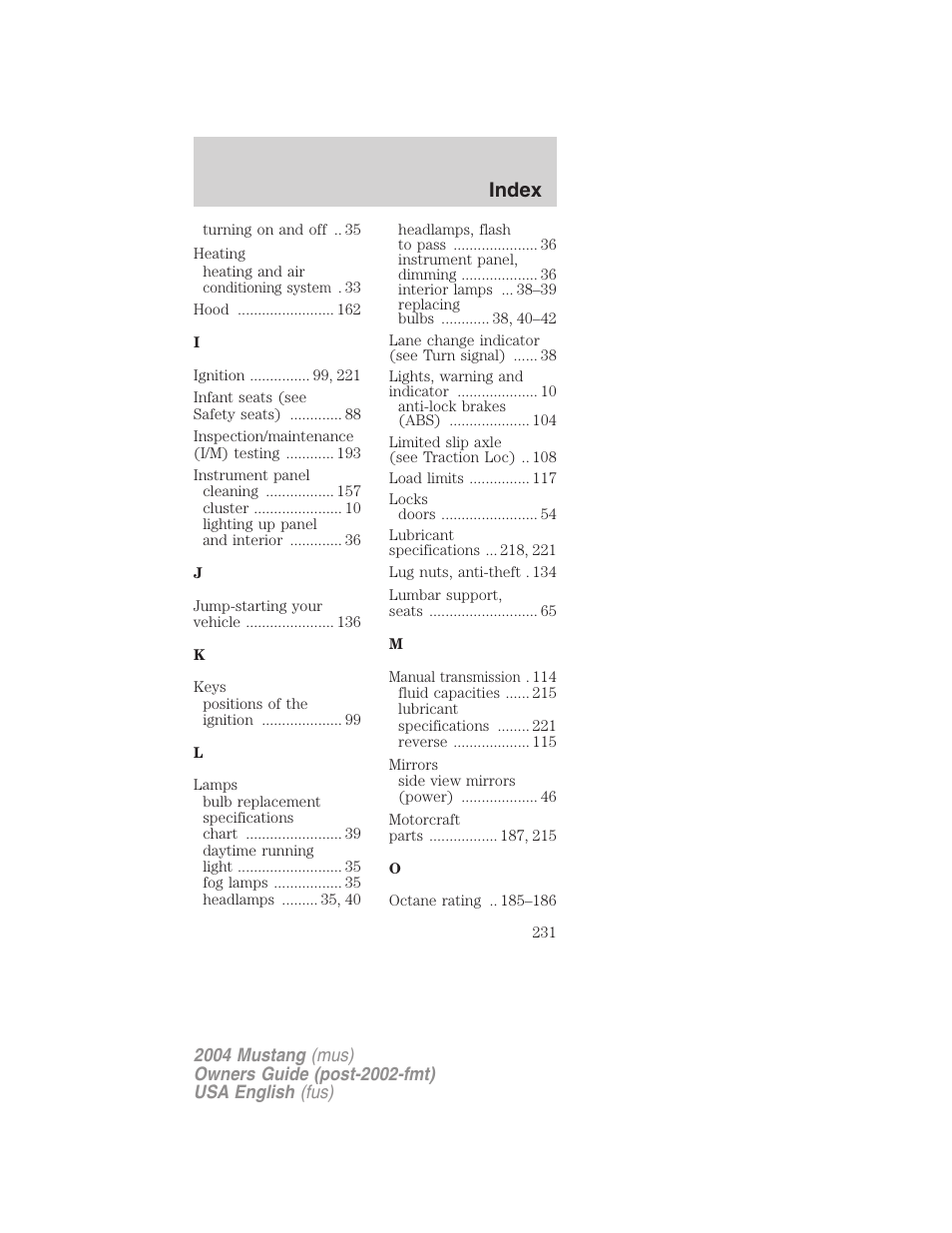 Index | FORD 2004 Mustang v.1 User Manual | Page 231 / 240