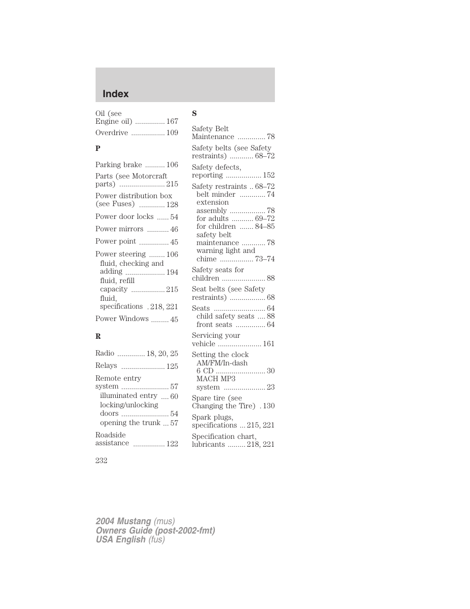 Index | FORD 2004 Mustang v.1 User Manual | Page 232 / 240