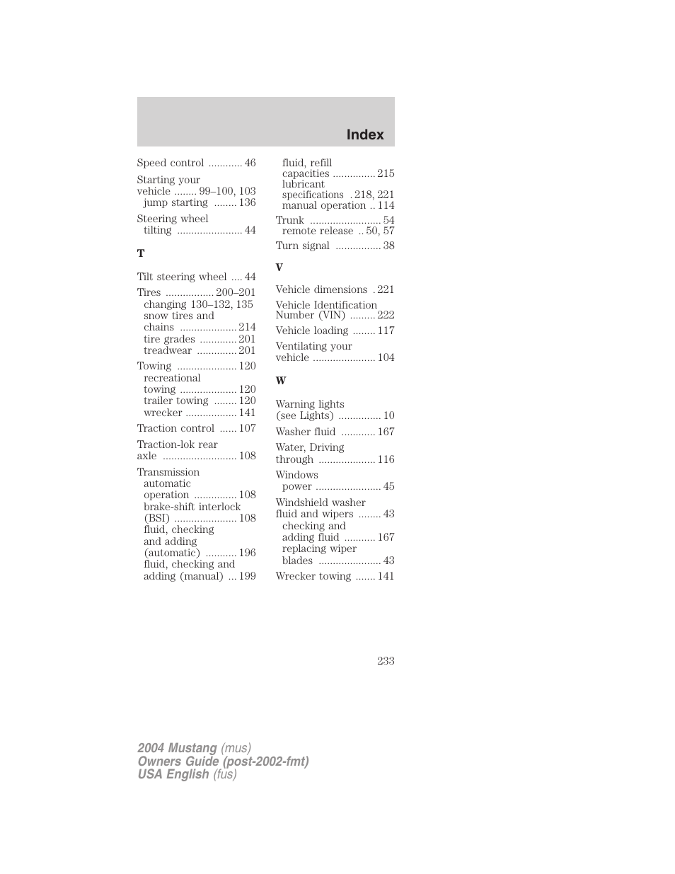 Index | FORD 2004 Mustang v.1 User Manual | Page 233 / 240