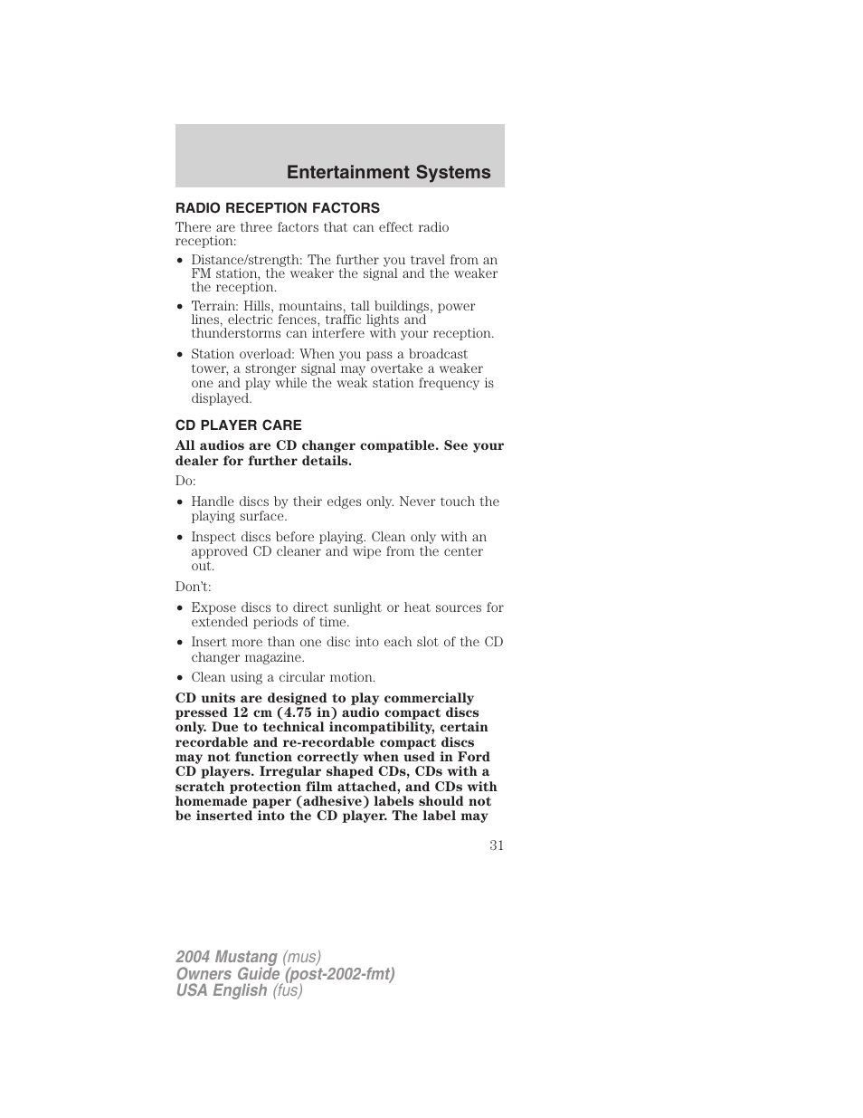 Entertainment systems | FORD 2004 Mustang v.1 User Manual | Page 31 / 240