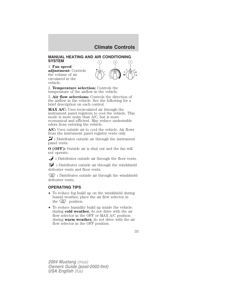 Climate controls | FORD 2004 Mustang v.1 User Manual | Page 33 / 240