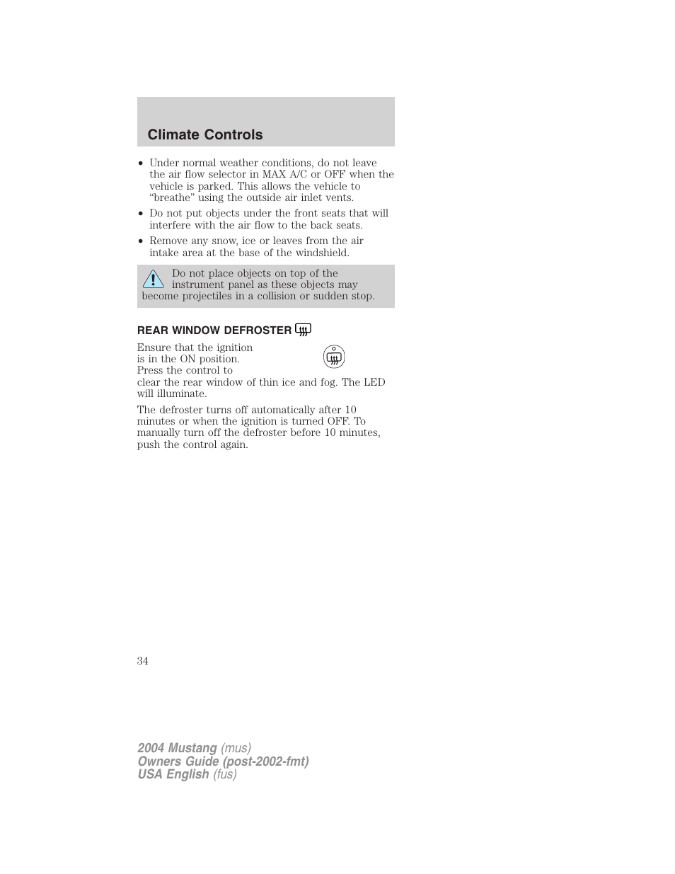 Climate controls | FORD 2004 Mustang v.1 User Manual | Page 34 / 240
