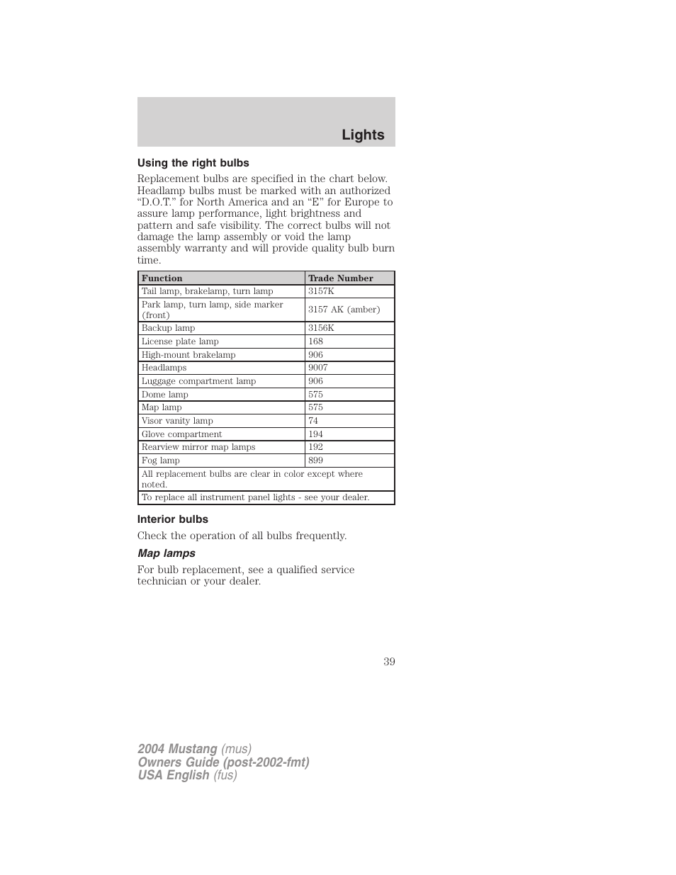 Lights | FORD 2004 Mustang v.1 User Manual | Page 39 / 240