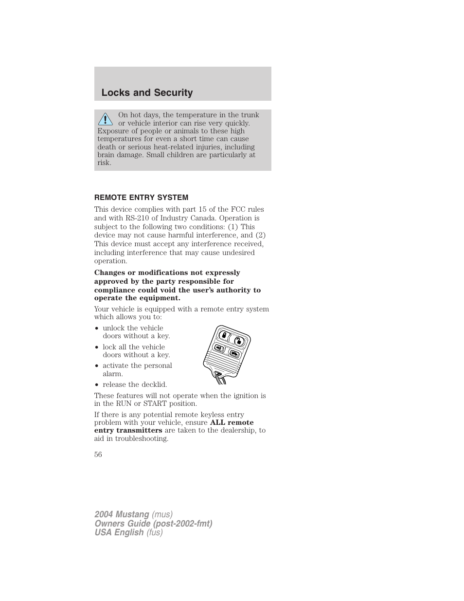 Locks and security | FORD 2004 Mustang v.1 User Manual | Page 56 / 240