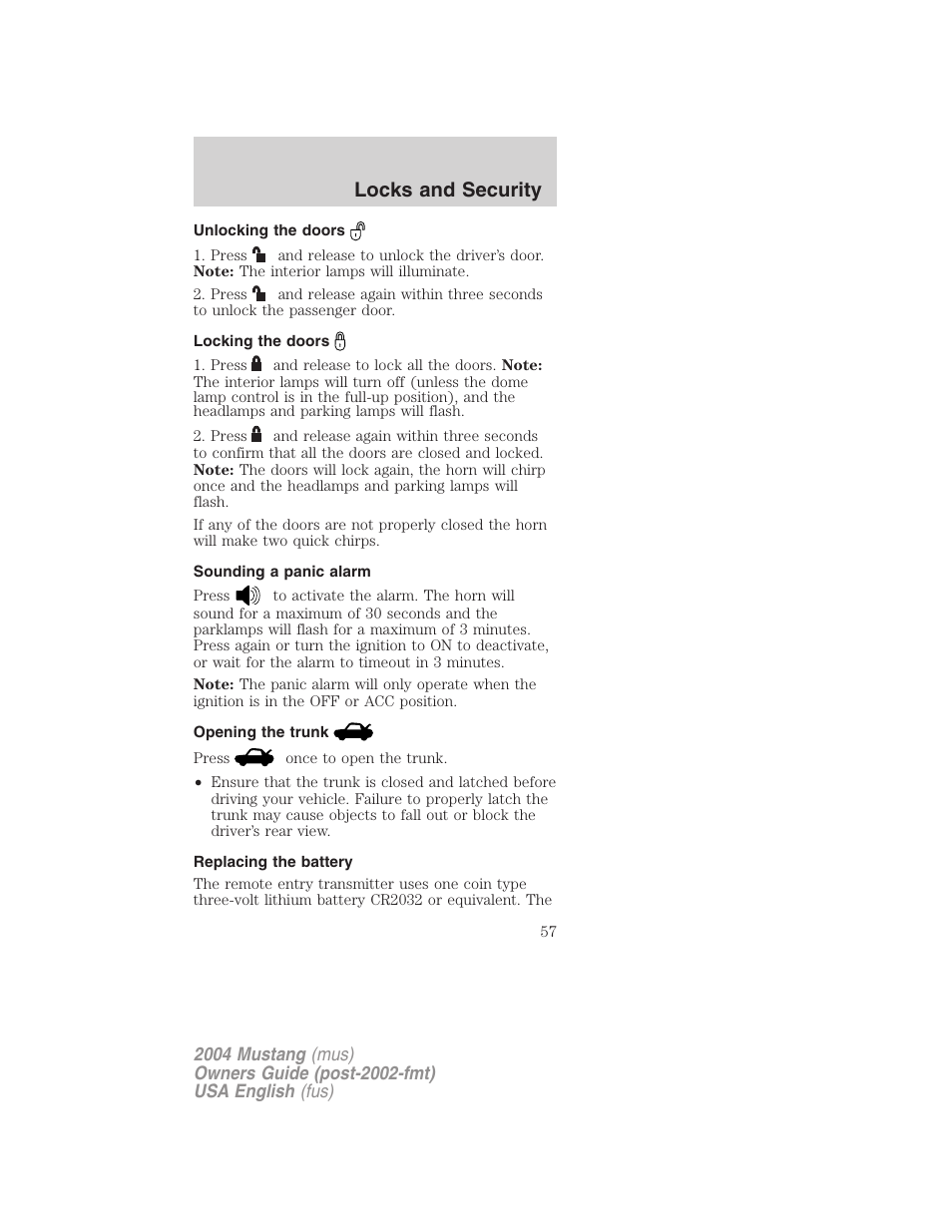 Locks and security | FORD 2004 Mustang v.1 User Manual | Page 57 / 240